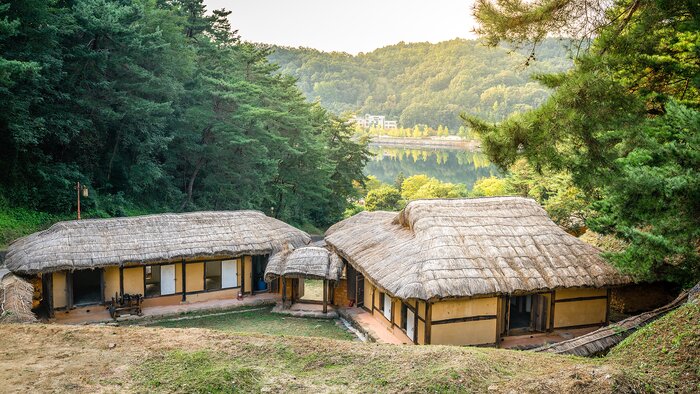 Andong folk village view with traditional wooden thatched roof house in Andong, South Korea