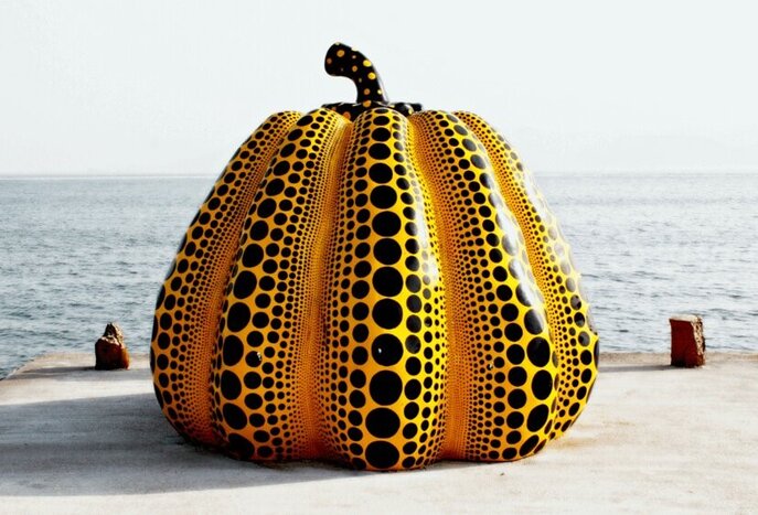 Yayoi Kusama's whimsical pumpkin sculpture on the island of Naoshima