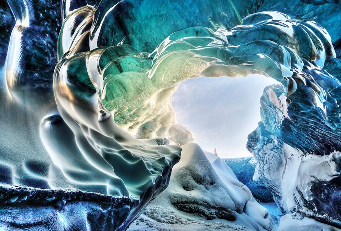 Looking through an ice cave in Iceland