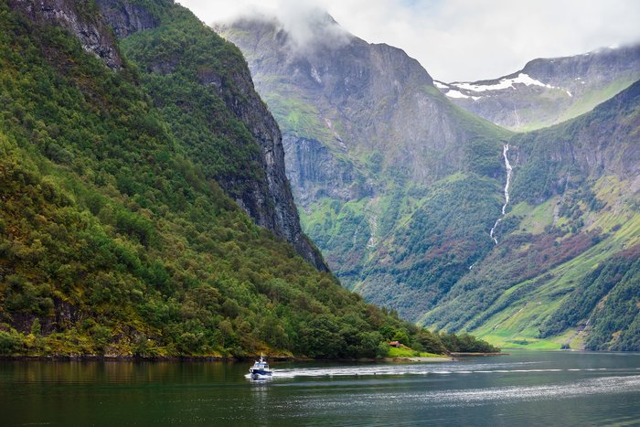 A boat passing through the Sognefjord