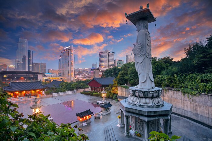 View of the Bongeunsa Temple in Seoul's Gangnam District at sunset in the early summer