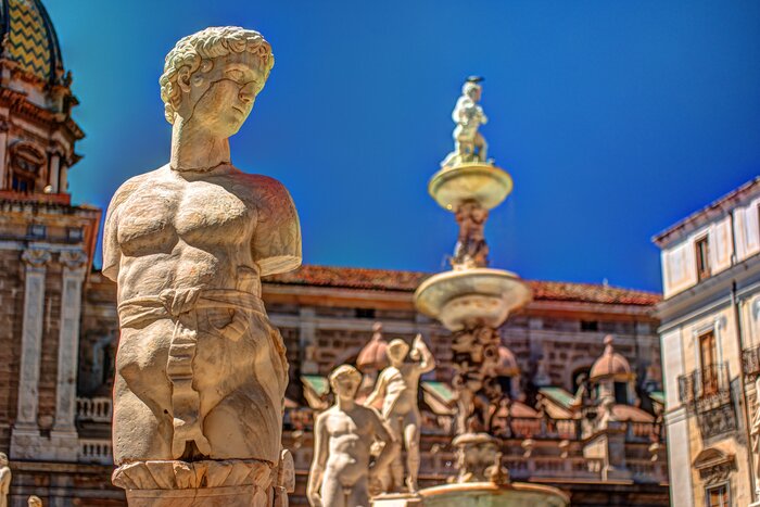 Fontana Pretoria, the famous Baroque "fountain of shame" resides in Piazza Pretoria, Palermo