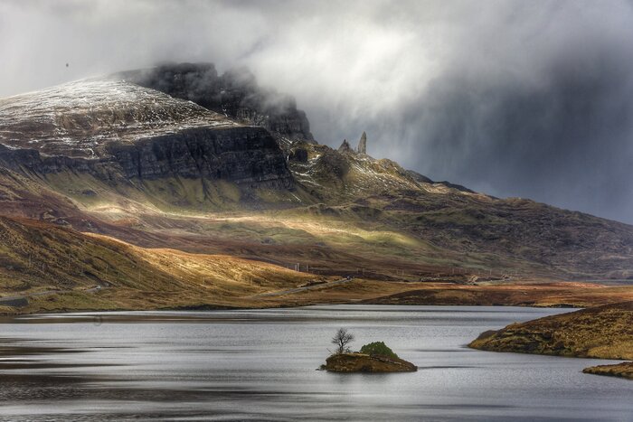 Scotland's misty Loch Fada and Old Man of Storr