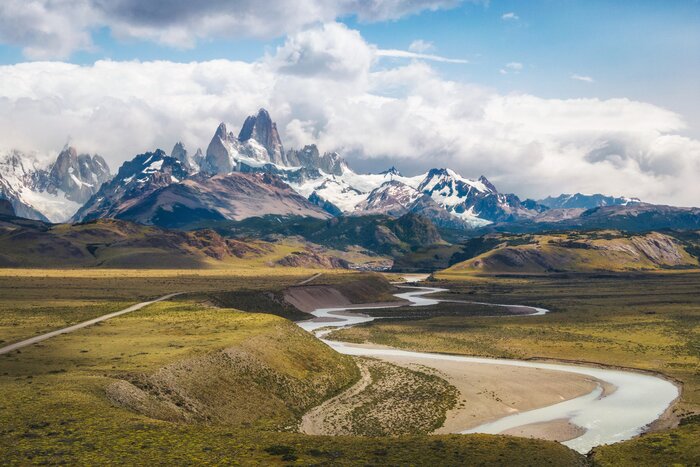 Aerial view of Monte Fitz Roy and Las Vueltas River