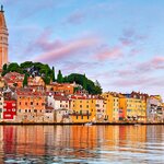 The Church of St. Euphemia marks the beautiful Old Town of Rovinj at sunset
