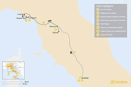 Italy map: Italian Highlights from Rome to Cinque Terre - 8 Days