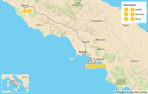 Italy map: Relaxed Amalfi Coast & Rome - 8 Days