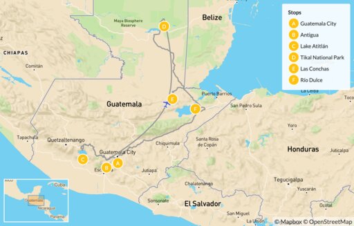 Map Essential Guatemala: Volcanoes, Ruins & Waterfalls - 11 Days
