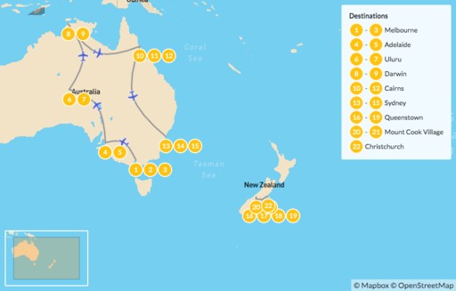 Australia map: Ultimate Australia & New Zealand: Melbourne, Uluru, Queenstown, Mount Cook & More -23 Days