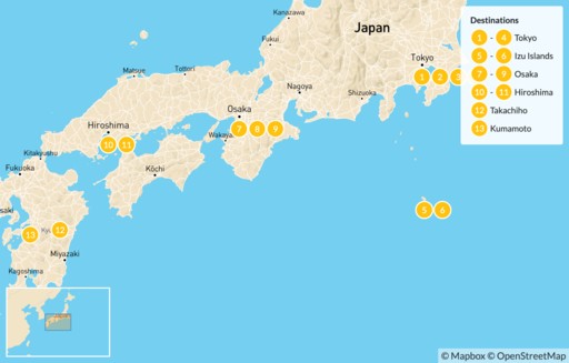 Japan map: Road Less Traveled Japan: Tokyo, Izu Islands, Osaka, Koyasan, Hiroshima, Takachiho, Kumamoto - 16 Days