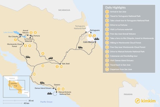 Costa Rica map: Costa Rica National Parks Adventure - 14 Days