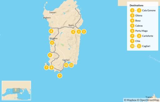 Italy map: Authentic Sardinia Drive & Hike - 12 days
