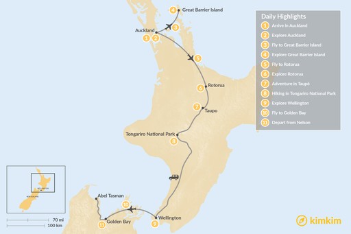 New Zealand map: Highlights of the North Island and Top of the South, New Zealand - 11 Days