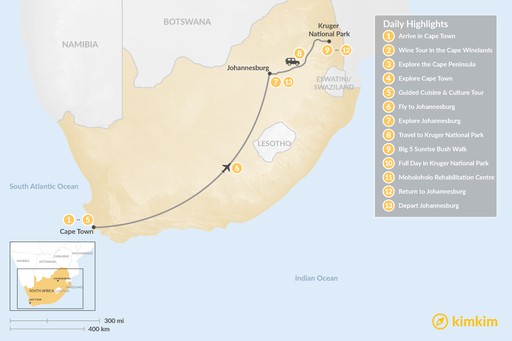 South Africa map: Classic South Africa: Cape Town, Johannesburg, & Kruger Safari - 13 Days