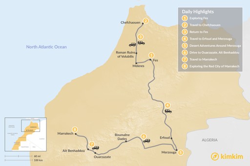 Morocco map: Moroccan Cities and the Sahara - 8 Days