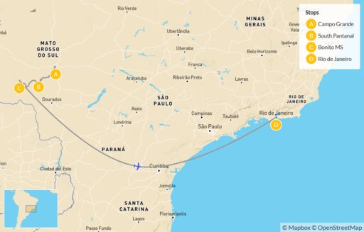 Map Brazil Outdoor Adventure: Pantanal, Bonito & Rio de Janeiro - 13 Days