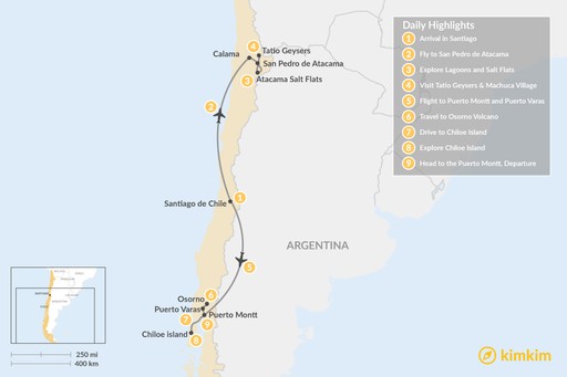 Chile map: Atacama Desert & Lake District - 9 Days