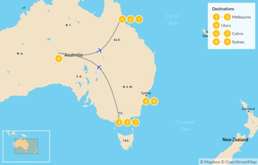 Australia map: Australia: Melbourne, Uluru, Cairns & Sydney - 10 Days