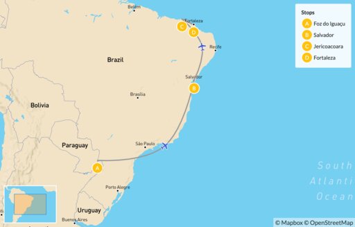 Map Brazil's Culture, Nature & Beaches for Families: Foz do Iguaçu, Salvador & Jericoacoara - 10 Days
