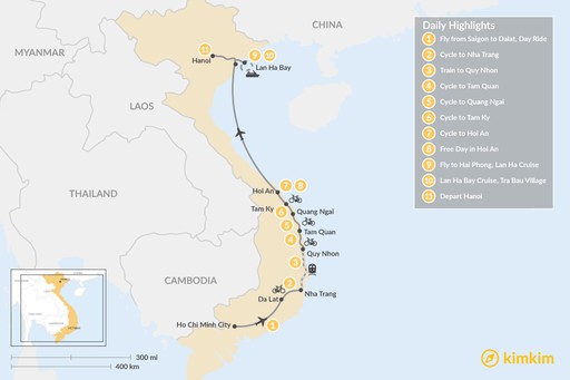 Vietnam map: Cycle the Highlands & Coast of Vietnam - 11 Days