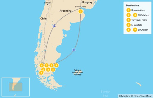 Patagonia map: Patagonia Multi-Sport Adventure - 10 Days