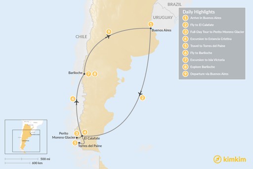 Patagonia map: Bariloche & El Calafate Classic Tour - 9 Days