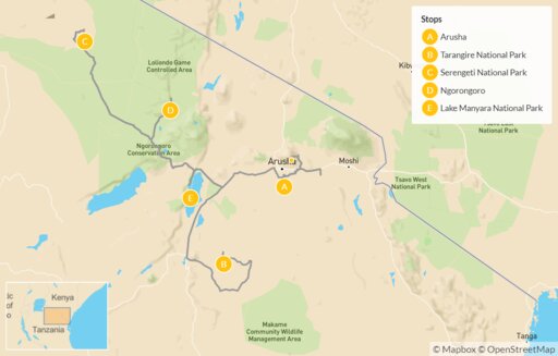 Map Arusha, Tarangire National Park, Serengeti National Park, Ngorongoro and Lake Manyara National Park - 10 Days