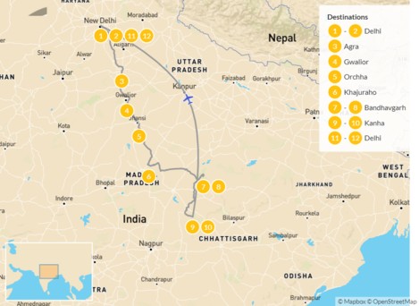 India map: The Tiger Land of Central India: Delhi, Agra, Bandhavgarh & Kanha - 12 Days