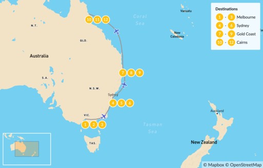 Australia map: East Coast of Australia - 13 Days