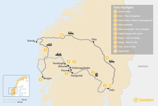 Norway map: Nordic Self-Guided Trek & Road Trip - 10 Days