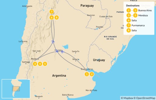 Argentina map: Buenos Aires, Mendoza & Salta - 10 Days
