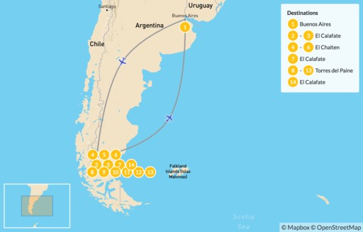 Patagonia map: Trekking in Chilean & Argentine Patagonia - 15 Days