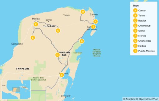 Mexico map: Nature & Maya Culture in the Yucatán - 15 Days