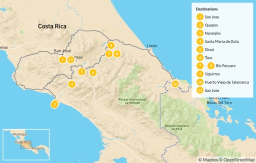 Costa Rica map: Mountain Biking from Manuel Antonio to the Caribbean Coast - 12 Days