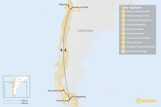 Chile map: Adventure in Santiago & Torres del Paine National Park - 10 Days