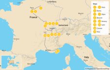 Map of Eastern France Roadtrip: Paris, Dijon, Beaune, Annecy, Nice & More - 16 Days