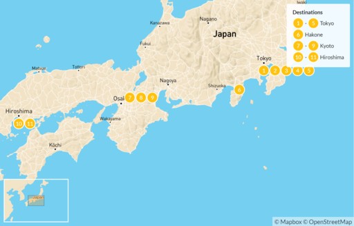 Japan map: Japan: Tokyo, Nikko, Hakone, Kyoto, & Hiroshima - 12 Days