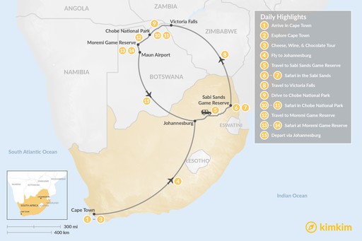 South Africa map: Southern Africa Safari: Cape Town, Victoria Falls, Chobe National Park, & More - 15 Days