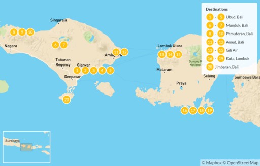 Indonesia map: Bali, Gili Air & Lombok with Teens - 21 Days