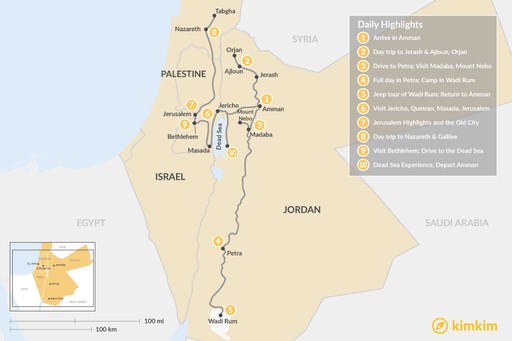 Jordan map: Highlights of Jordan & Israel - 10 Days