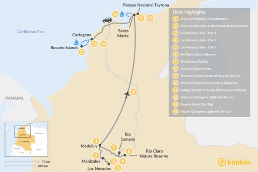 Colombia map: Colombia Summit to the Sea Adventure - 14 Days