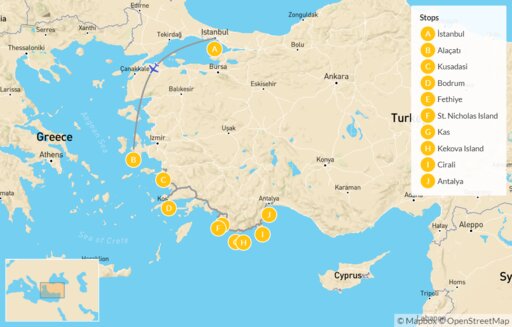 Map Explore Turkey's Turquoise Coast by Land & Water - 13 Days