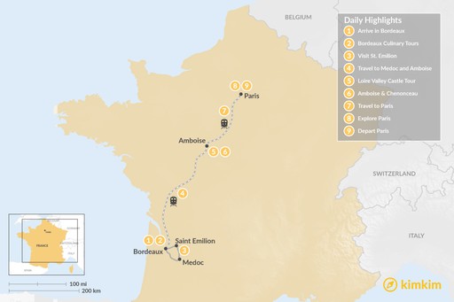France map: Highlights of France in Paris, Bordeaux & the Loire Valley - 9 Days