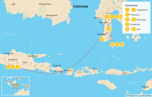 Indonesia map: Temples & Tradition in Java & Sulawesi: Yogyakarta, Tana Toraja, & Bira - 13 Days