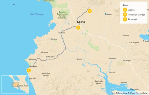 Map Costa Rica Volcano & Pacific Beach Family Adventure - 6 Days