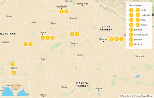 India map: Culinary Tour of Delhi, Uttar Pradesh & Rajasthan - 15 Days