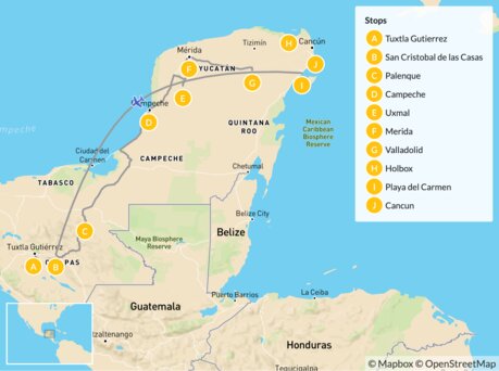 Mexico map: Highlights of Chiapas & the Yucatán - 13 Days