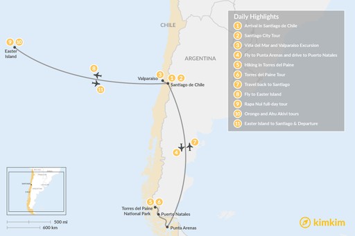 Chile map: Santiago, Torres del Paine, & Easter Island - 11 Days