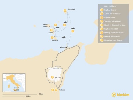 Italy map: Volcanoes of Sicily: Aeolian Islands & Mt. Etna - 9 Days