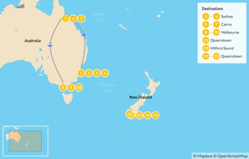 Australia map: Australia & New Zealand Adventure: Sydney, Cairns, Melbourne & Queenstown - 16 Days